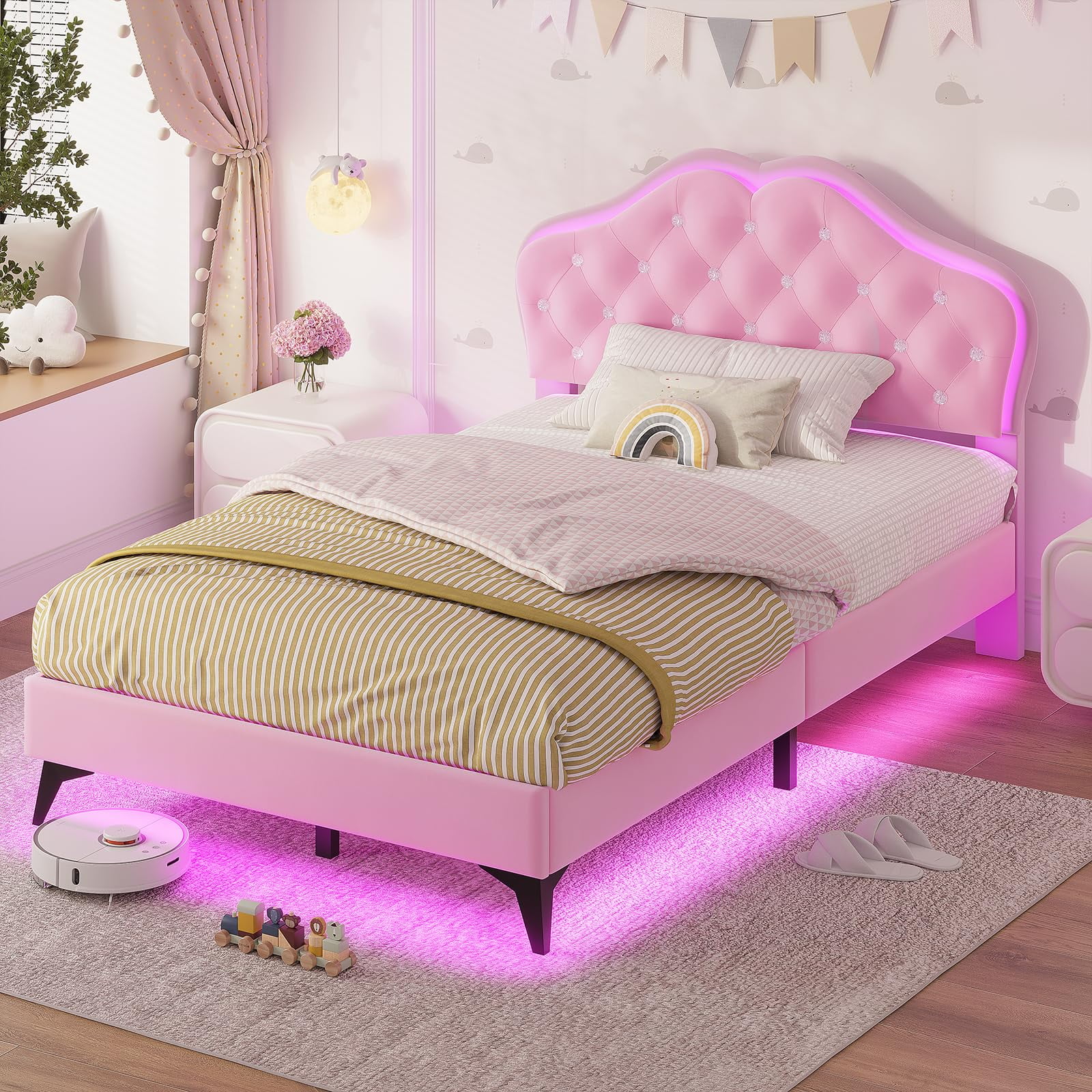 Twin Size Bed Frame with Upholstered Headboard and LED Lights,Crystal Button,Velvet Princess Platform Bed for Girls, Solid Wooden Slats, Easy Assembly, Pink
