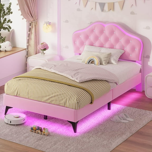 Twin Size Bed Frame with Upholstered Headboard and LED Lights,Crystal Button,Velvet Princess Platform Bed for Girls, Solid Wooden Slats, Easy Assembly, Pink
