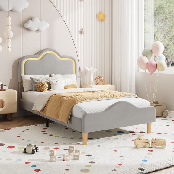 Twin Size Upholstered LED Bed Frame with Adjustable Headboard and Footboard, Velvet Princess Platform Bedframe for Girls, Wooden Slats Support, No Box Spring Needed, Easy Assembly, Gray