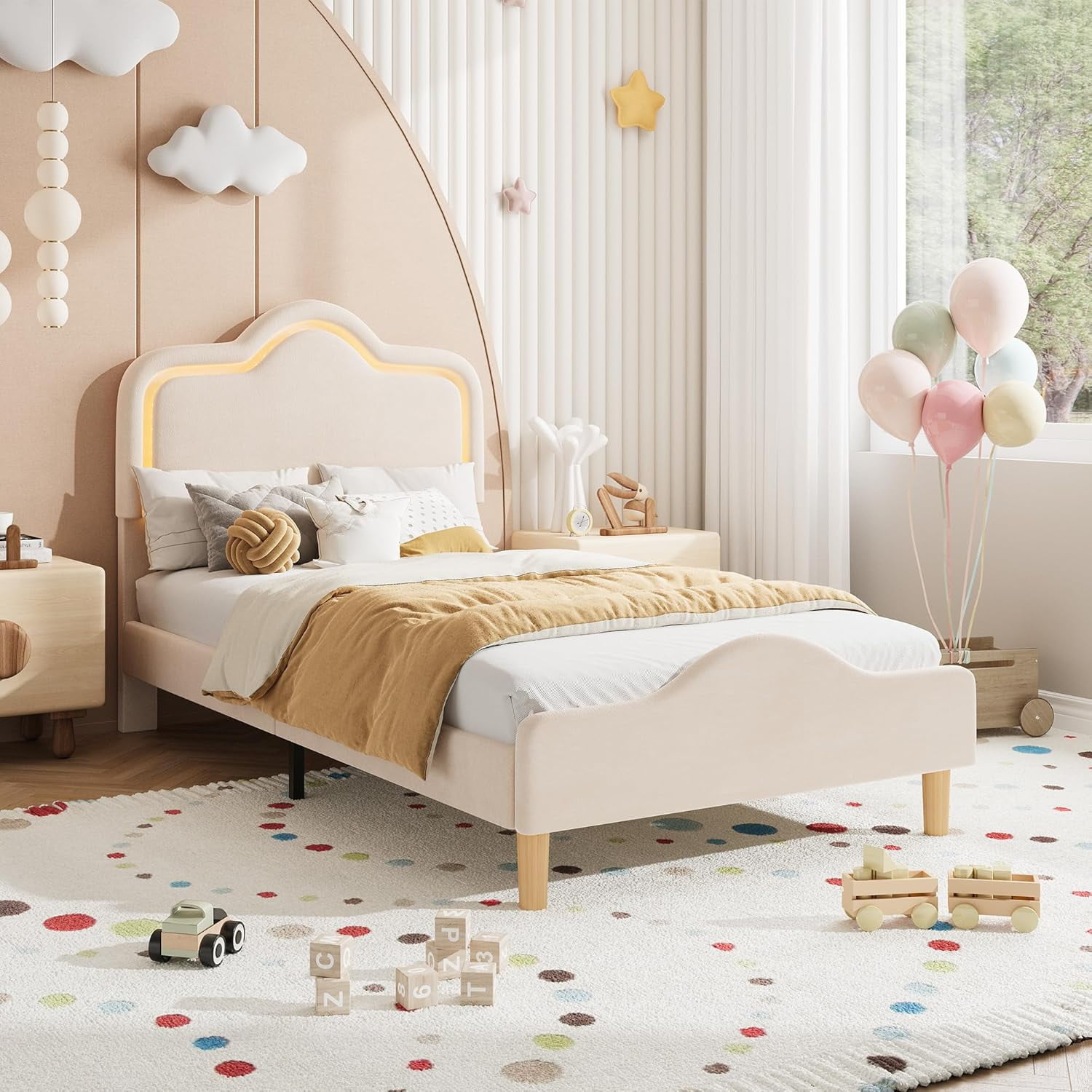 Twin Size Upholstered LED Bed Frame with Adjustable Headboard and Footboard, Velvet Princess Platform Bedframe /, Wooden Slats Support, No Box Spring Needed, Easy Assembly, Beige