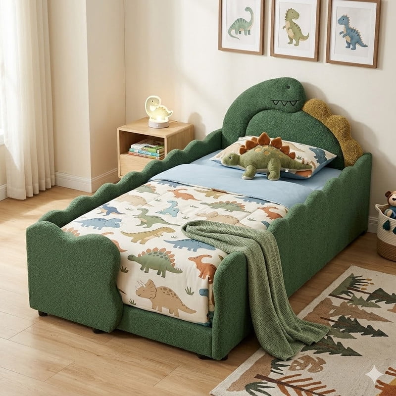 Twin Size Upholstered Platform Bed with Dinosaur Shaped Headboard, Boucle Fabric Kids Bed with Slats Support, Space-Saving Daybed for Girl, Boy, Teenager