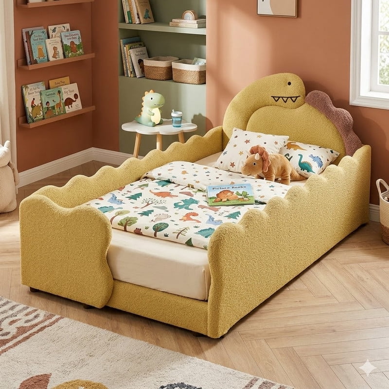 Twin Size Upholstered Platform Bed with Dinosaur Shaped Headboard, Boucle Fabric Kids Bed with Slats Support, Space-Saving Daybed for Girl, Boy, Teenager