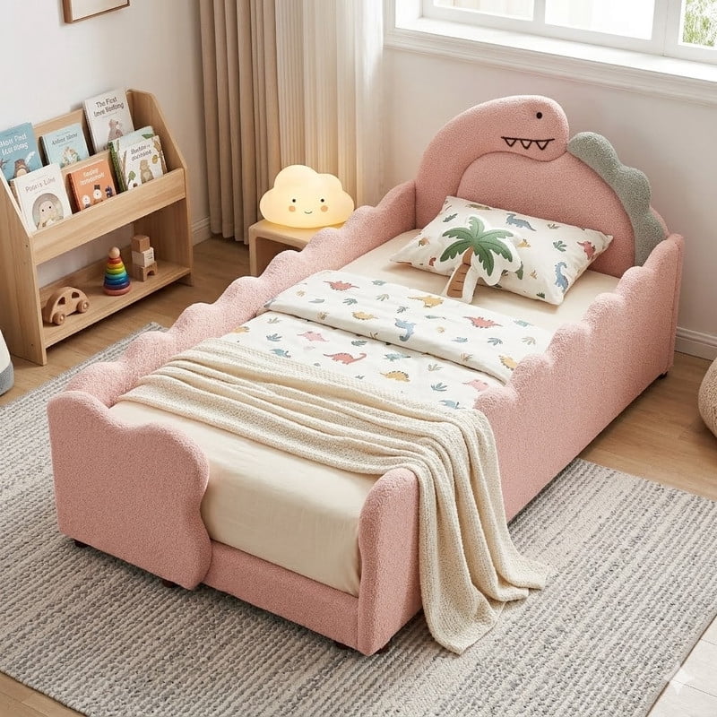 Twin Size Upholstered Platform Bed with Dinosaur Shaped Headboard, Boucle Fabric Kids Bed with Slats Support, Space-Saving Daybed for Girl, Boy, Teenager
