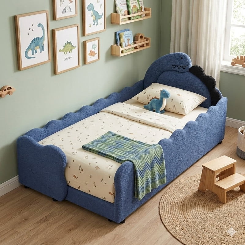 Twin Size Upholstered Platform Bed with Dinosaur Shaped Headboard, Boucle Fabric Kids Bed with Slats Support, Space-Saving Daybed for Girl, Boy, Teenager