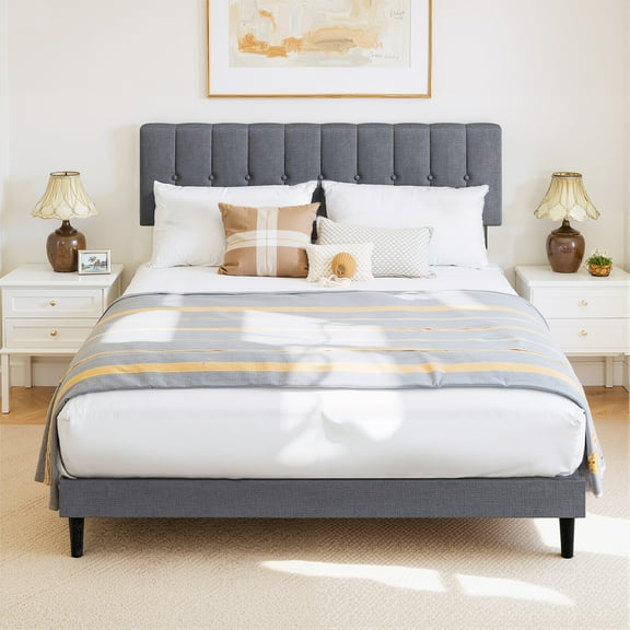 Twin Size Upholstered Platform Bed Frame with Adjustable Headboard, No Box Spring Needed with Sturdy Wooden Slats Support, Non-Slip and Noise-Free, Easy Assembly, Dark Grey