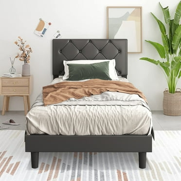 Twin Size Upholstered Platform Bed Frame with Adjustable Headboard, UHOMEPRO Modern Faux Leather Twin Bed Frame No Box Spring Needed with Sturdy Wooden Slats Support, Easy Assembly, Black
