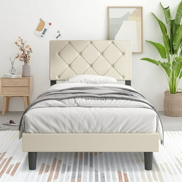 Twin Size Upholstered Platform Bed Frame with Adjustable Headboard, UHOMEPRO Modern Faux Leather Twin Bed Frame No Box Spring Needed with Sturdy Wooden Slats Support, Easy Assembly, White