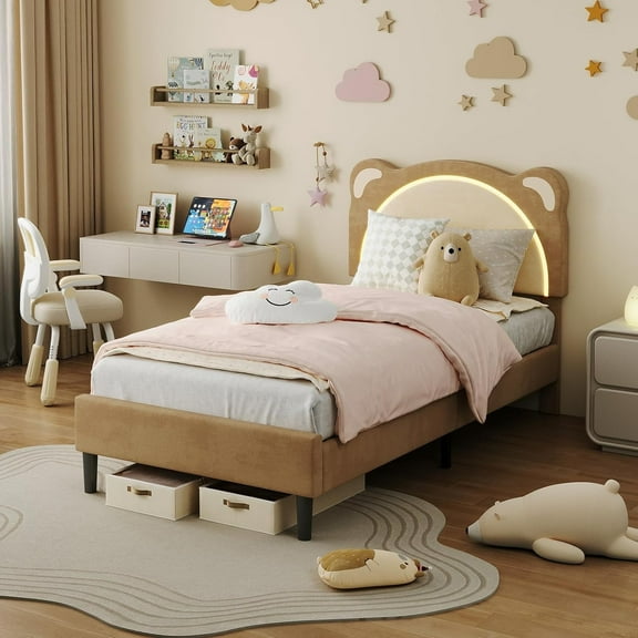 Twin Size Upholstered Platform Bed Frame with Adjustable LED Headboard, Sturdy Wooden Slats, Modern Smart Light Design, No Box Spring Needed for Bedroom, Yellow