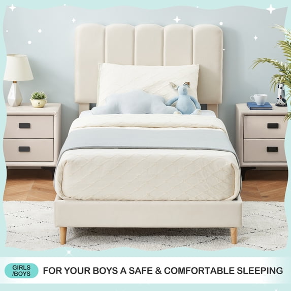 Twin Size Upholstered Platform Bed Frame for Girls, Velvet Upholstered Platform Bed Frame with Headboard, with Headboard,Strong Wooden Slats Support/Noise-Free/Easy Assembly