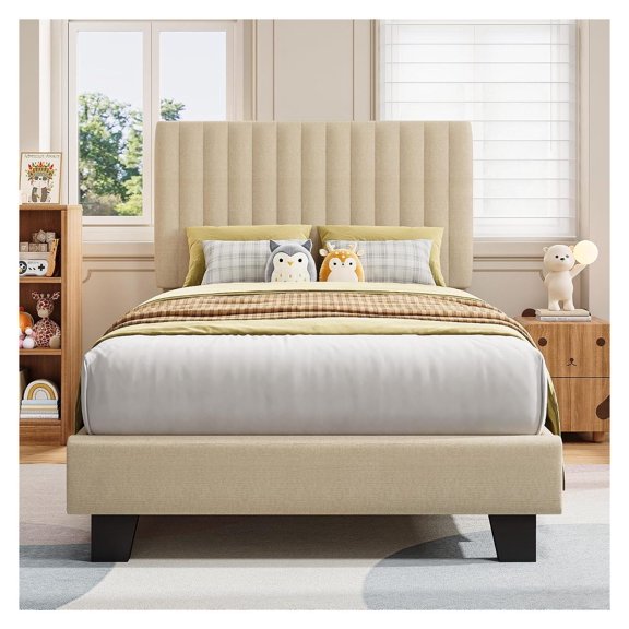 Twin Size Upholstered Platform Bed Frame with Vertical Linen Headboard, Beige Wood Slats Support, No Box Spring Needed, 800 lb Capacity, Wide Legs, Low Profile for Robot Vacuum Compatibility