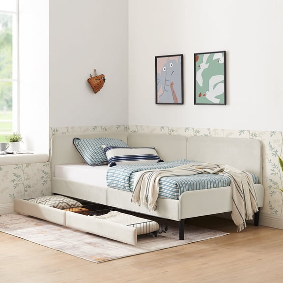 Twin Size Upholstered Platform Bed Frame with 2 Storage Drawers, Adjustable Velvet Sofa Bed, Beige for Small Space Living