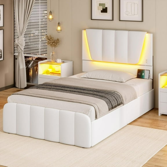 Twin Size Upholstered Platform Bed Frame with 4 Storage Drawers and LED Headboard No Box Spring Needed,White
