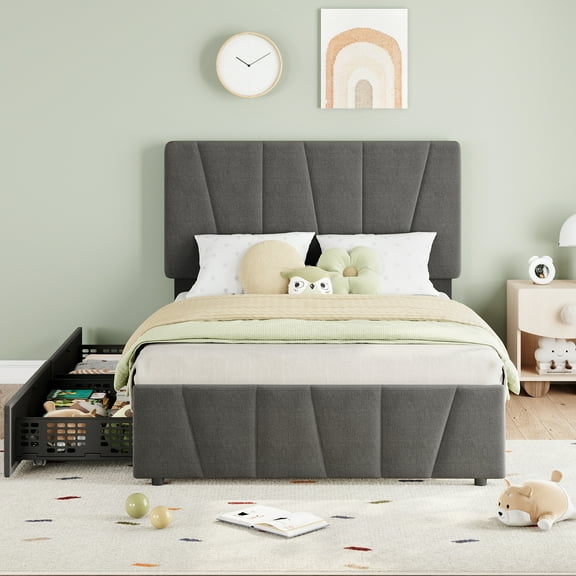Twin Size Upholstered Platform Bed Frame with Storage & Adjustable Headboard – Modern Space-Saving Design, 800 LB Capacity