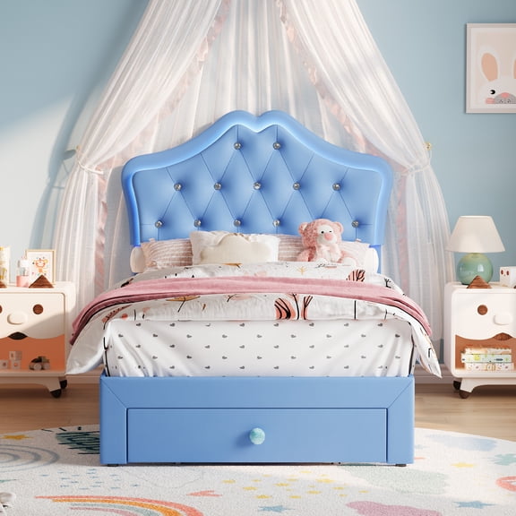 Twin Size Upholstered Platform Bed, LED Lights, Velvet Crystal Button Headboard & Storage Drawer
