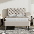 thumbnail image 1 of Twin Size Upholstered Platform Bed, Modern Upholstered Platform Bed with Tufted Square Stitched Fabric Headboard, Wooden Slat Support, Twin Bed Frame No Box Spring Needed, 600lbs Capacity, Blue, 1 of 9