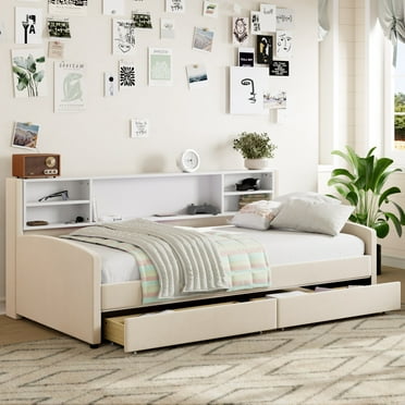 Twin Size Upholstered Platform Bed with Plush Headboard, Wooden Bed Frame with Open Storage Shelf and 2 Drawers, Modern Versatile Velvet Bed for Living Room/Apartroom, Beige