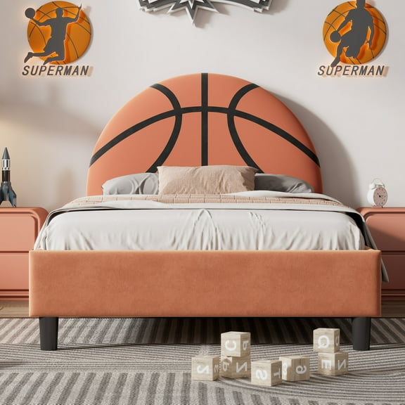 Twin Size Upholstered Platform Bed, Sport Style Wooden Bed Frame with Basketball Design Headboard and Slats, for Boys & Girls, Teens (Orange)