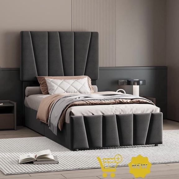 Twin Size Upholstered Platform Bed with Adjustable Headboard and 2 Storage Drawers – Linen Fabric, No Box Spring Needed