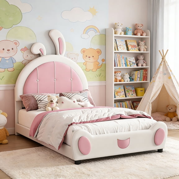Twin Size Upholstered Platform Bed with Bunny Rabbit Shaped Headboard, PU Upholstered Bed Frame for Teens, Boys Girls