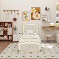 thumbnail image 1 of Twin Size Upholstered Platform Bed with Curve Shaped and Height-adjustbale Headboard,LED Light Strips,White, 1 of 13