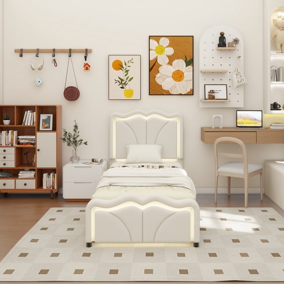Twin Size Upholstered Platform Bed with Curve Shaped and Height-adjustbale Headboard,LED Light Strips,White