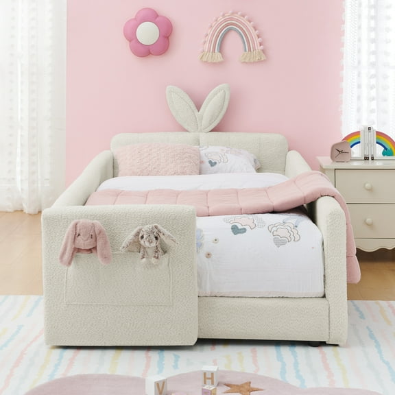 Twin Size Upholstered Platform Bed with Cute Rabbit Ear Shaped Headboard, with Safety Rail and Pocket, Boucle Fabric, Sky blue