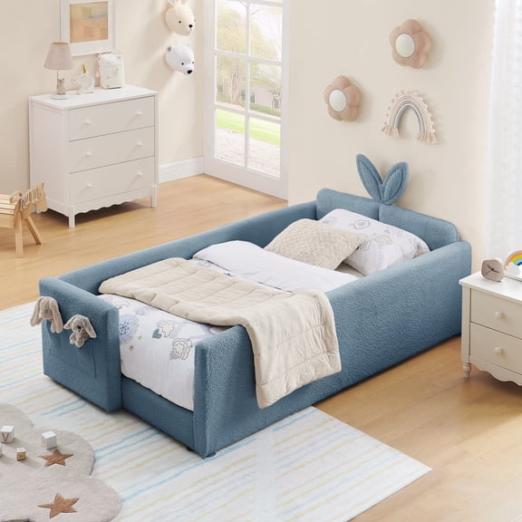 DRNANLIT Twin Size Boucle Upholstered Platform Bed with Cute Rabbit Ear Shaped Headboard, Safety Guardrail & Side Storage Pocket