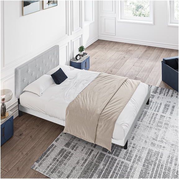 Twin Size Upholstered Platform Bed with Headboard, Light Gray Linen Fabric, No Box Spring Needed, Easy Assembly