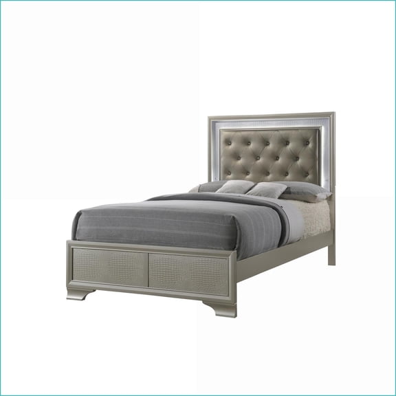 Twin Size Upholstered Platform Bed with LED Headboard, Champagne Crocodile Finish for Glam Bedrooms