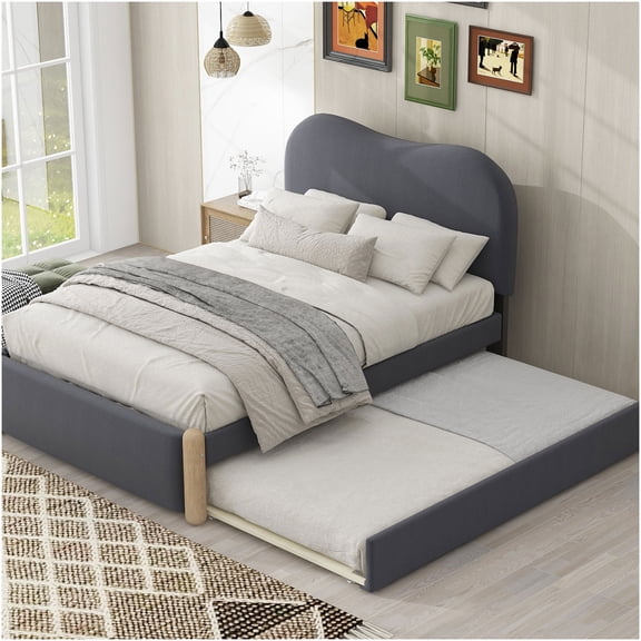 Twin Size Upholstered Platform Bed with Pull-Out Trundle, Gray Fabric Low Profile Bed Frame with Headboard