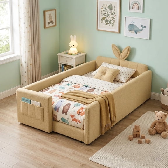 Twin Size Upholstered Platform Bed with Rabbit Ear Headboard, Kids Floor Bed with Storage Pocket & Safety Guardrail, No Box Spring Required