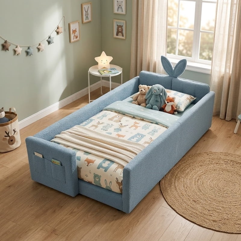 Twin Size Upholstered Platform Bed with Rabbit Ear Headboard, Kids Floor Bed with Storage Pocket & Safety Guardrail, No Box Spring Required