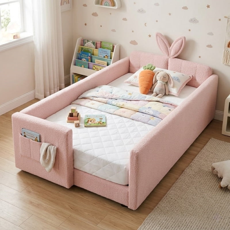 Twin Size Upholstered Platform Bed with Rabbit Ear Headboard, Kids Floor Bed with Storage Pocket & Safety Guardrail, No Box Spring Required