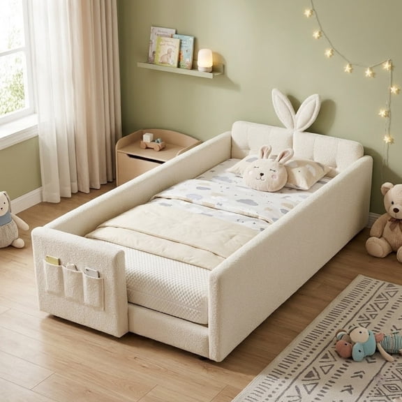 Twin Size Upholstered Platform Bed with Rabbit Ear Headboard, Kids Floor Bed with Storage Pocket & Safety Guardrail, No Box Spring Required