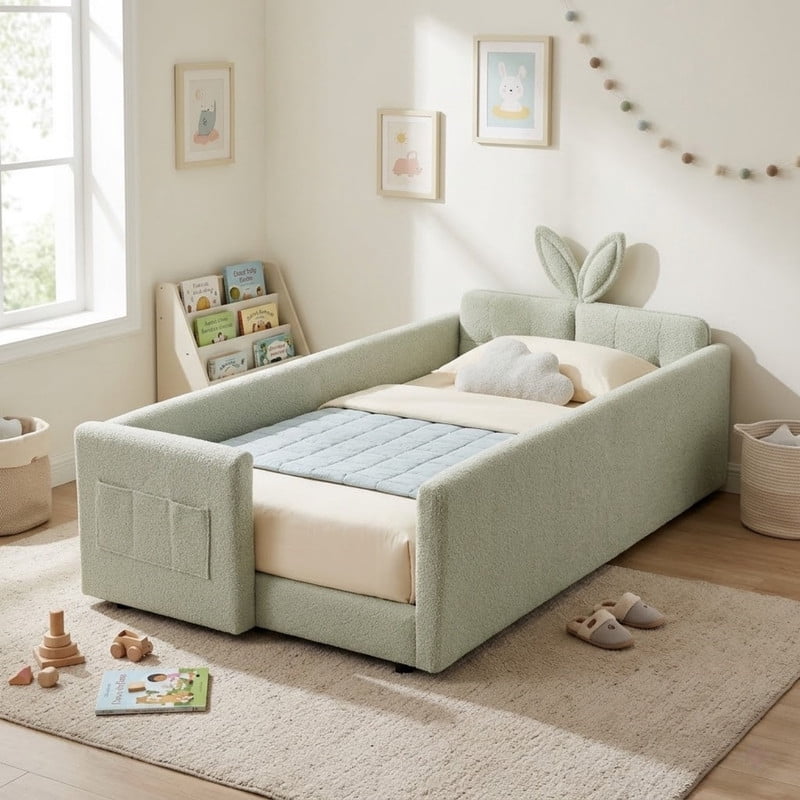Twin Size Upholstered Platform Bed with Rabbit Ear Headboard, Kids Floor Bed with Storage Pocket & Safety Guardrail, No Box Spring Required