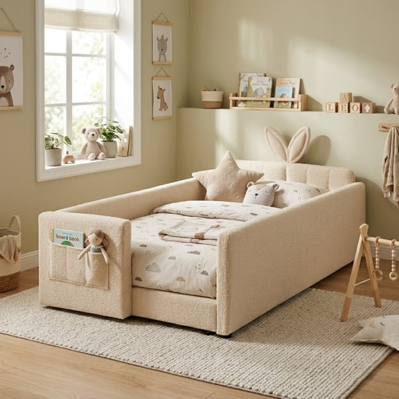 Twin Size Upholstered Platform Bed with Rabbit Ear Headboard, Kids Floor Bed with Storage Pocket & Safety Guardrail, No Box Spring Required
