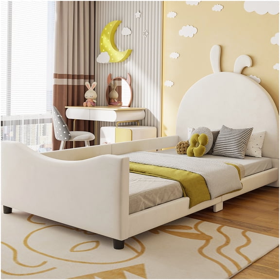 Twin Size Upholstered Platform Bed with Rabbit Ear Headboard, Modern Velvet Daybed for Bedroom or Guest Room
