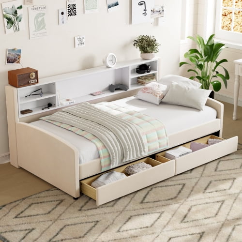 Twin Size Upholstered Platform Bed with Storage Drawers and Shelves, Velvet Fabric Bed Frame for Bedroom Dorm Apartment, Beige