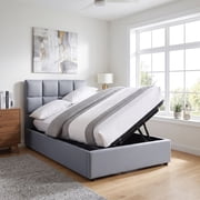Twin Size Upholstered Platform Bed with a Hydraulic Storage System, Beige