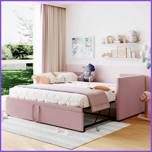 Twin Size Upholstered Plywood Daybed with Pop Up Trundle – No Box Spring Needed, Pink/Beige/Gray for Guest/Multi-Functional Spaces