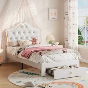 Twin Size Upholstered Princess Bed with LED Headboard Lights, Storage Drawer, Faux Leather Platform, Crystal Tufted Design, Heavy-Duty Support, No Box Spring Required