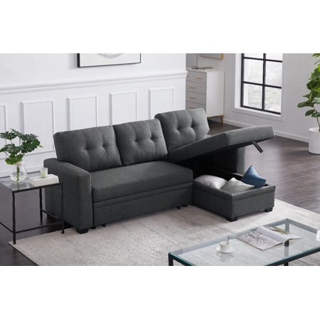 Twin Size Upholstered Pull Out Sectional Sofa with Storage Chaise