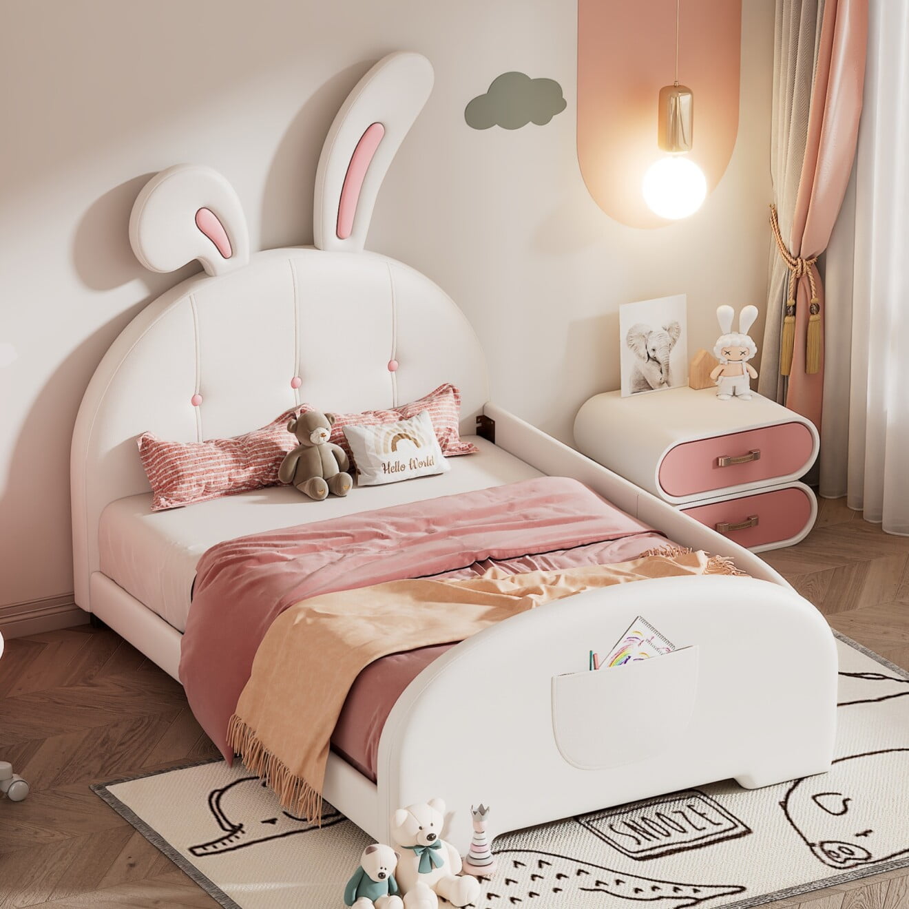 Twin Size Upholstered Rabbit Shape Princess Bed Twin Size Platform Bed with Headboard and Footboard PU Leather Platform Bed Frame with Sturdy Solid Wood Slats Support for Kids Girls and Boys White Wal...