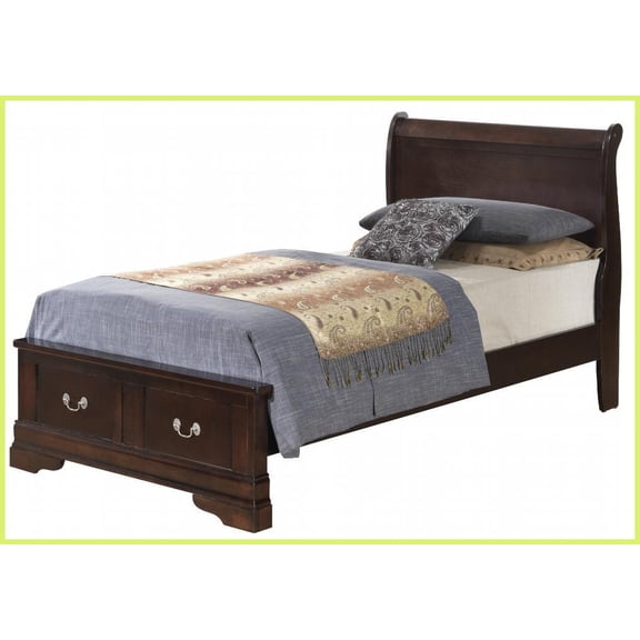 Twin Size Upholstered Sleigh Platform Storage Bed with Wood Trim, Cappuccino for Guest/Second Bedroom