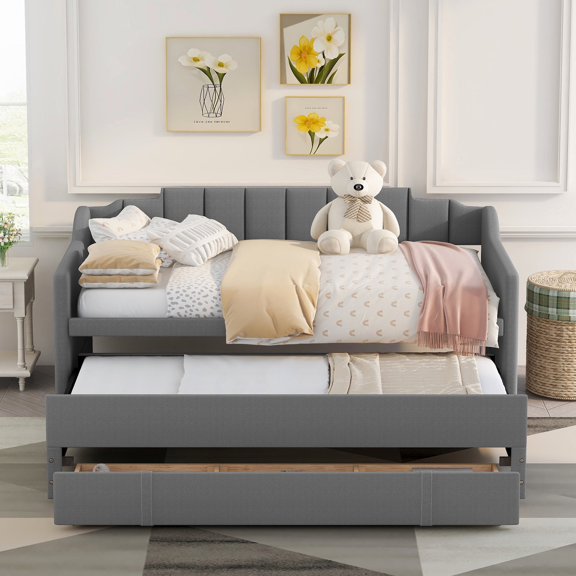 Gray Wood Frame Twin Size Daybed with Semi-Enclosed Bed Rail