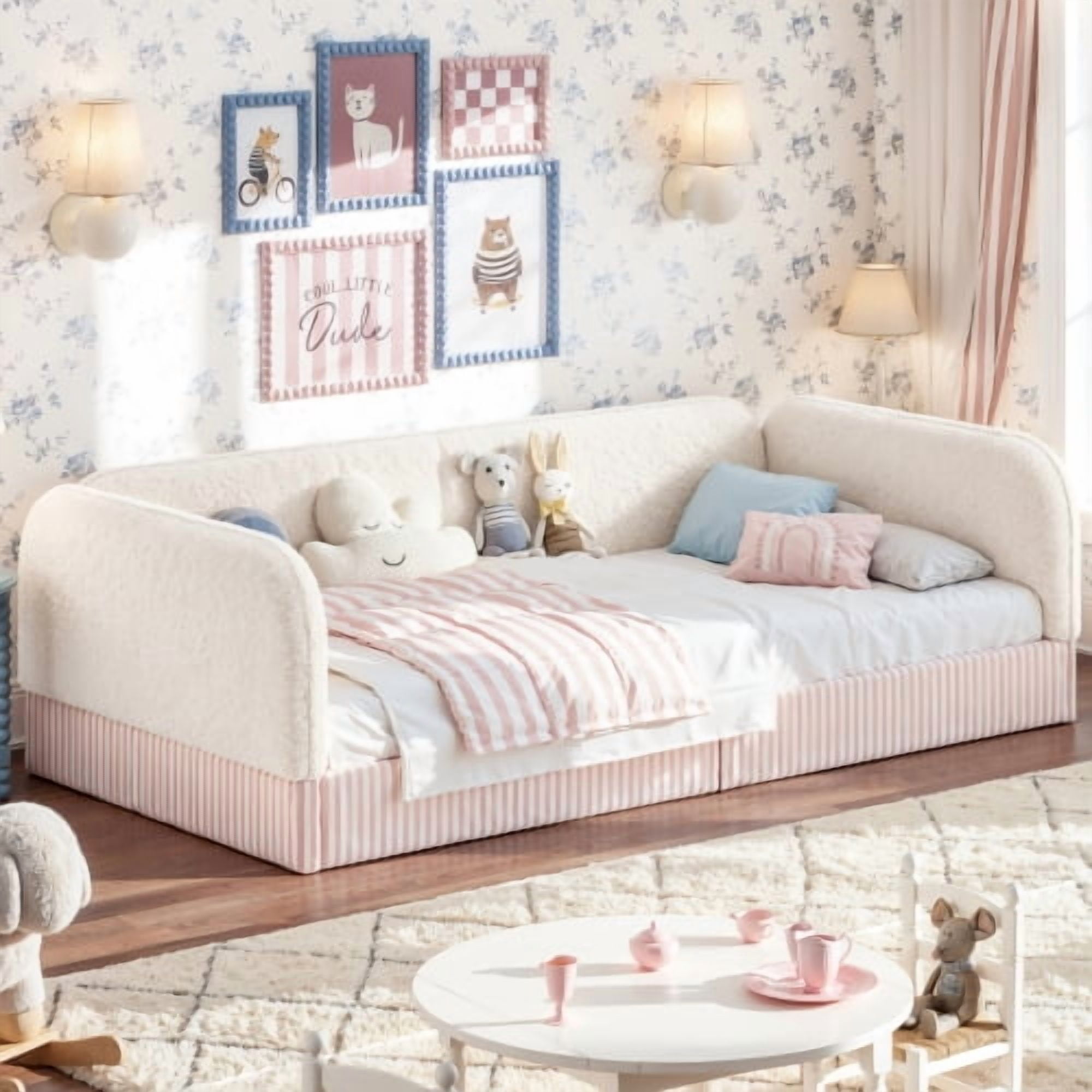 Twin Size Upholstered Teddy Fleece Floor Bed Frame, Half-Enclosed Montessori Low Profile Platform Bed with Full-Perimeter Guardrails for Kids, Beige