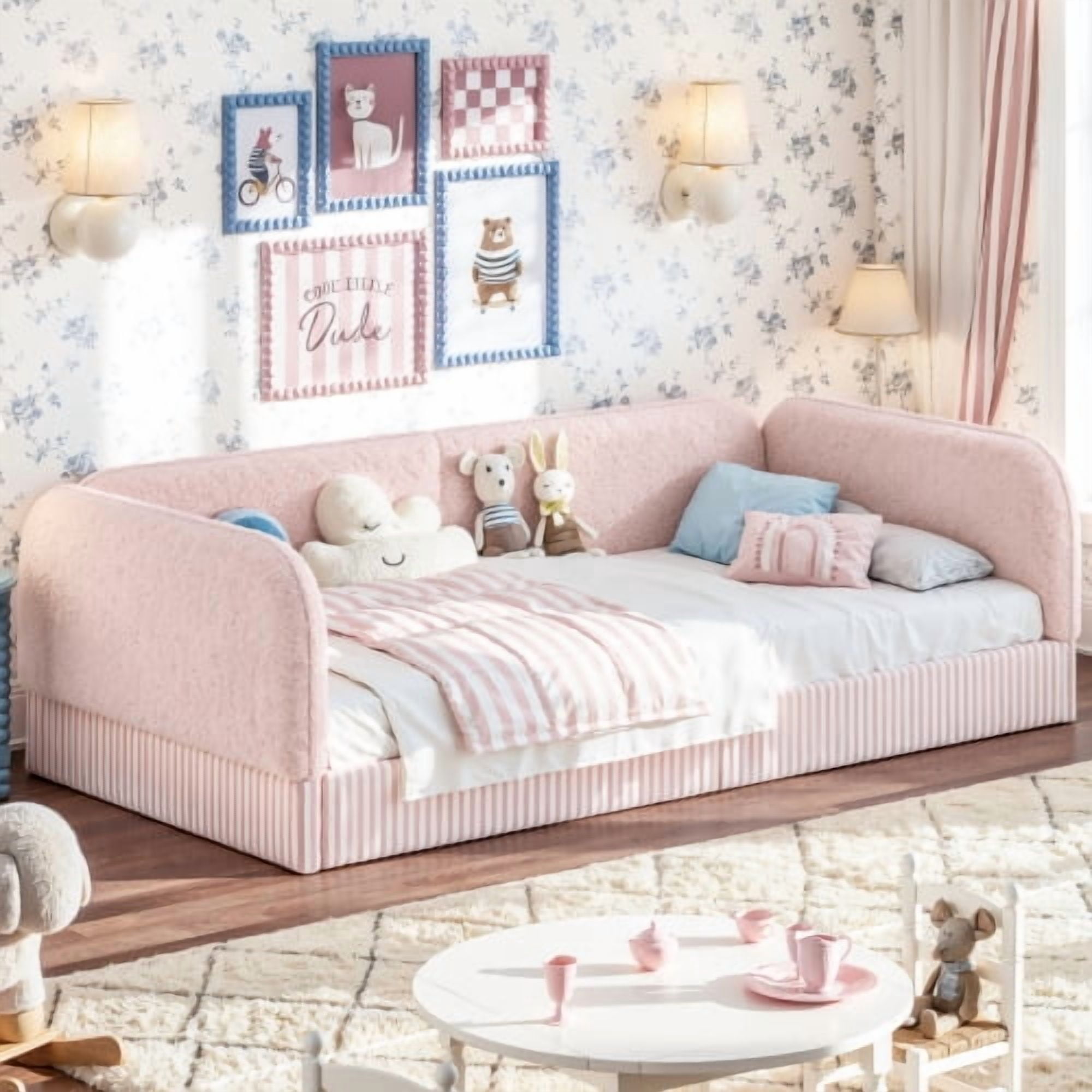 Twin Size Upholstered Teddy Fleece Floor Bed Frame, Half-Enclosed Montessori Low Profile Platform Bed with Full-Perimeter Guardrails for Kids, Pink