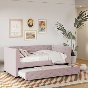 Twin Size Upholstered Tufted Daybed with Trundle, Modern Velvet Sofa Bed with 2 Armrests & Storage Pocket, Easy Assembly, No Box Spring Required, for Living Room, Bedroom, Pink