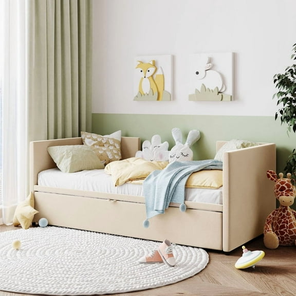Twin Size Upholstered daybed with Pop Up Trundle, Beige