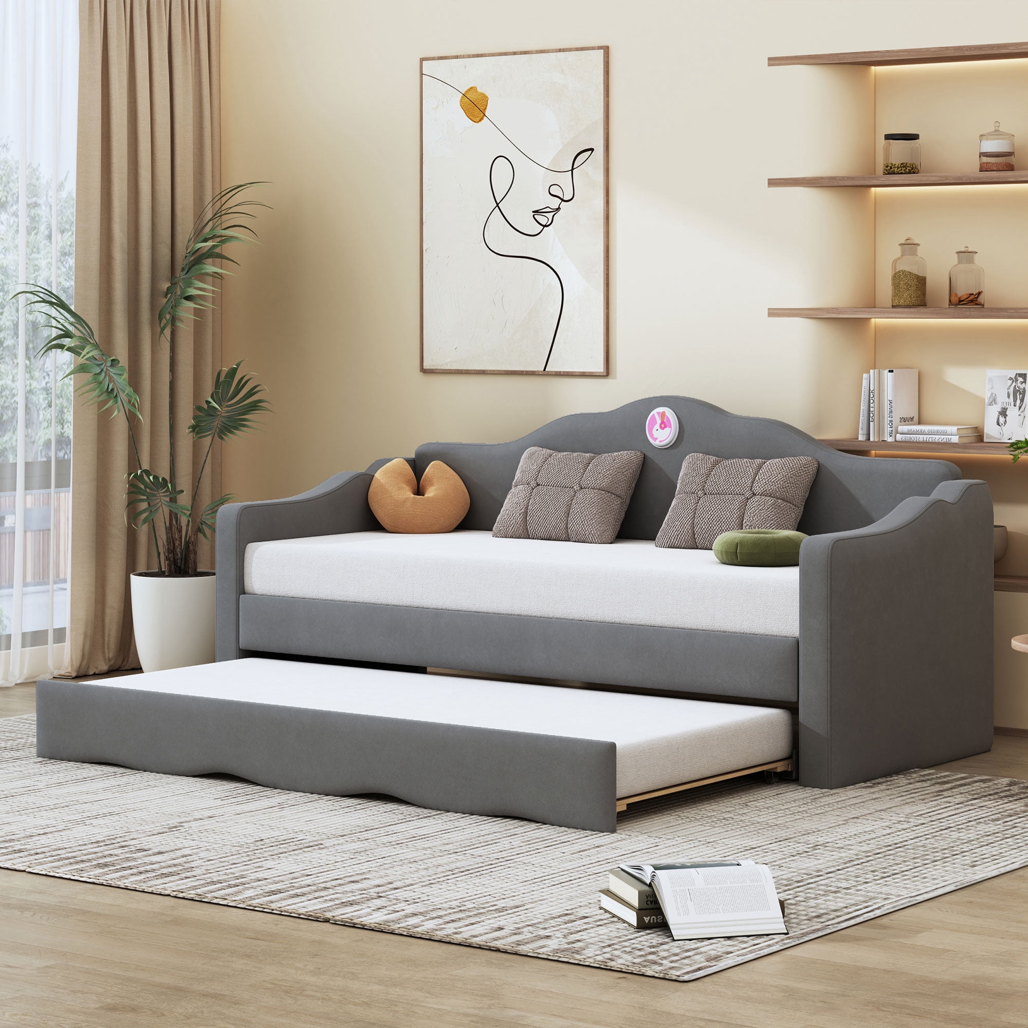 Twin Size Upholstered daybed with Wave-shaped Trundle, Gray - Walmart.com